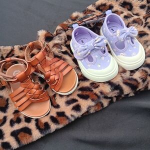 Brown Leather Sandals and Purple Floral Sneakers for Kids